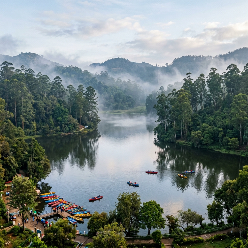 Kodai Lake surrounded by eucalyptus trees