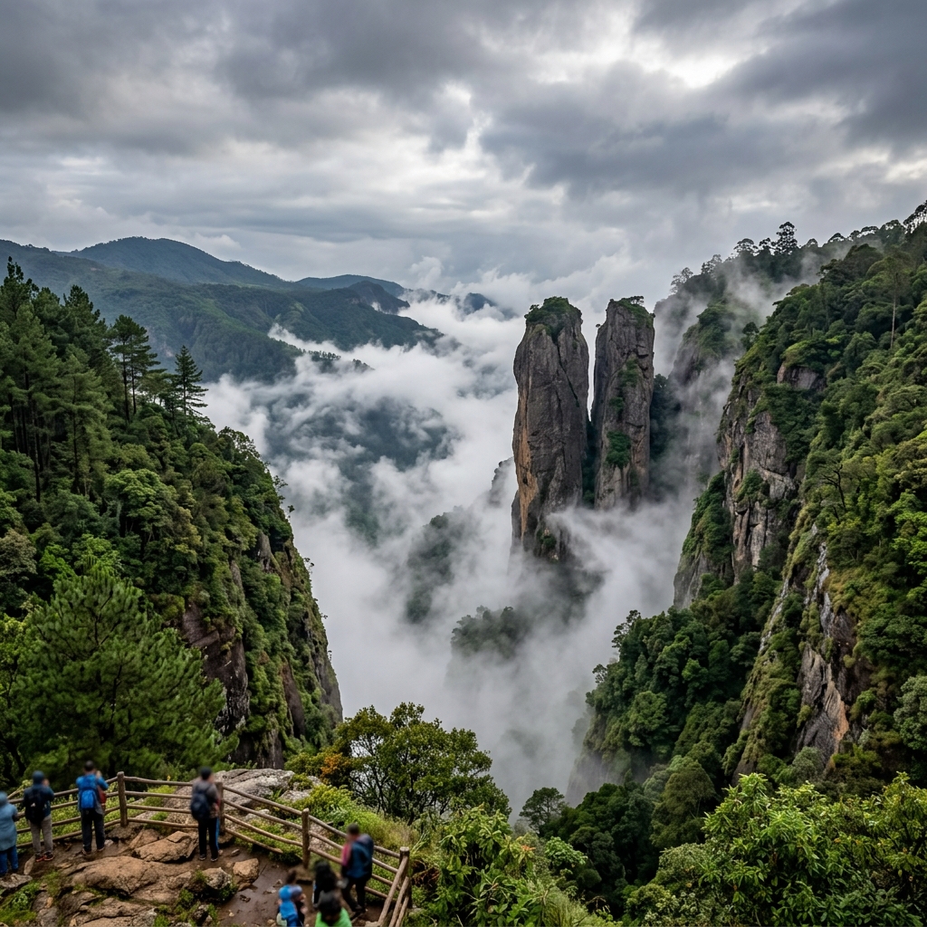 Pillar Rocks of Kodaikanal towering above the clouds