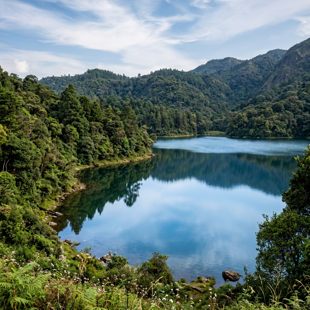 Crystal clear Berijam Lake surrounded by dense forest canopy