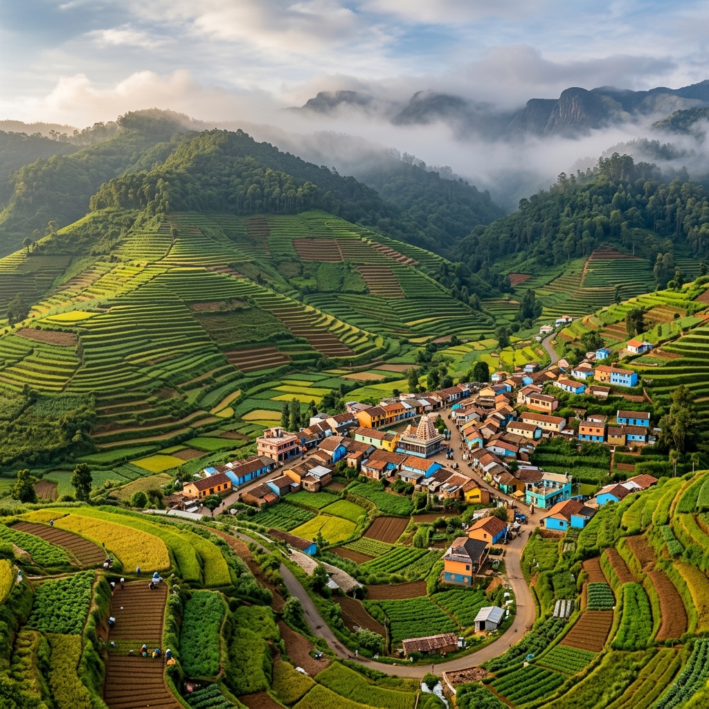 Terraced garlic fields in Poombarai village with mountains in the background