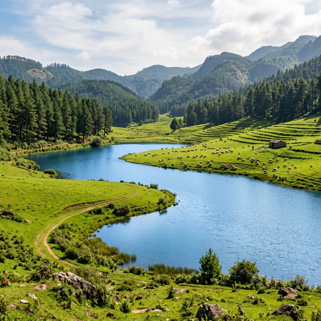 Mannavanur Lake with sheep grazing